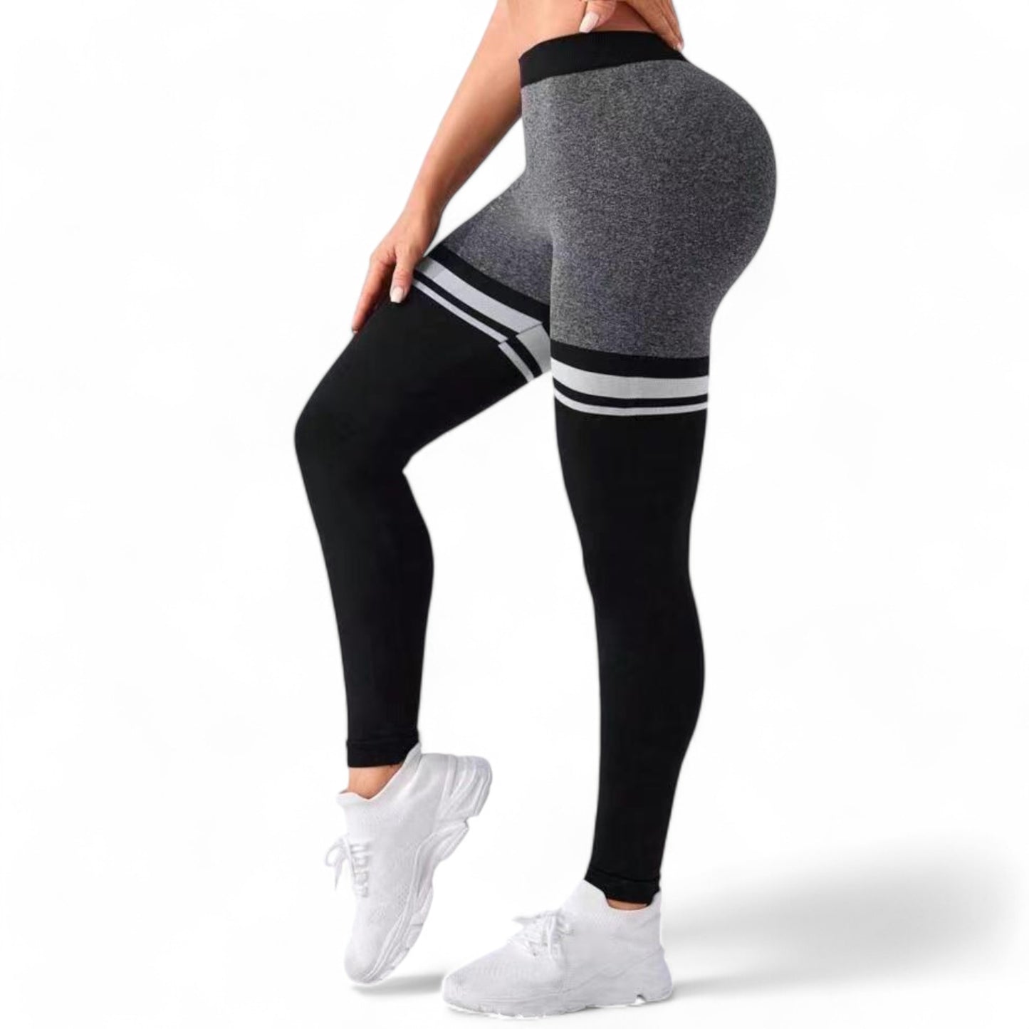 Seamless V-Waist Striped Ruched Sports Leggings, Scrunch Butt Lifting Yoga Pants with Tummy Control Compression Gym Tights for Outdoor Fitness