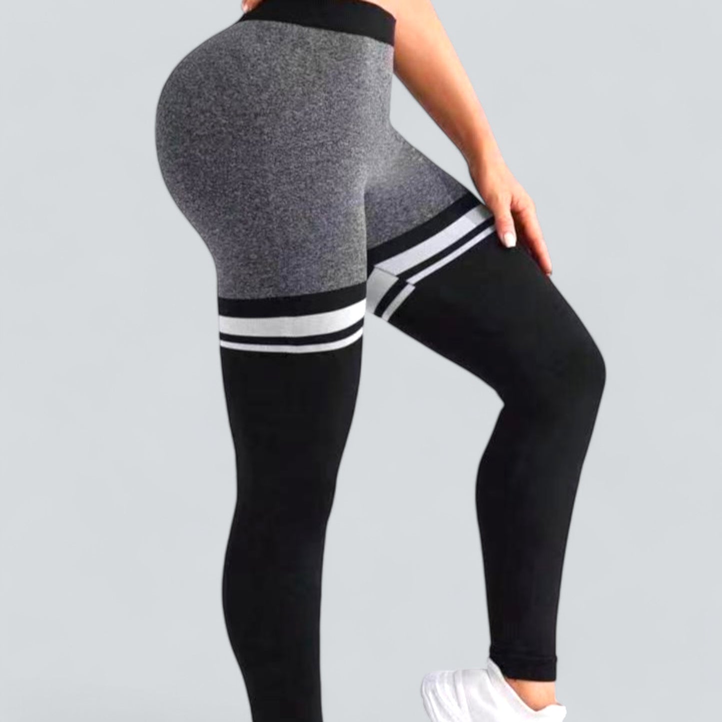 Seamless V-Waist Striped Ruched Sports Leggings, Scrunch Butt Lifting Yoga Pants with Tummy Control Compression Gym Tights for Outdoor Fitness