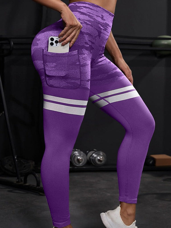 Seamless Camo Scrunch Yoga Leggings V-Waist Striped Butt Lifting, High Waist Tummy Control Compression Pants for Women, Indoor & Outdoor Fitness