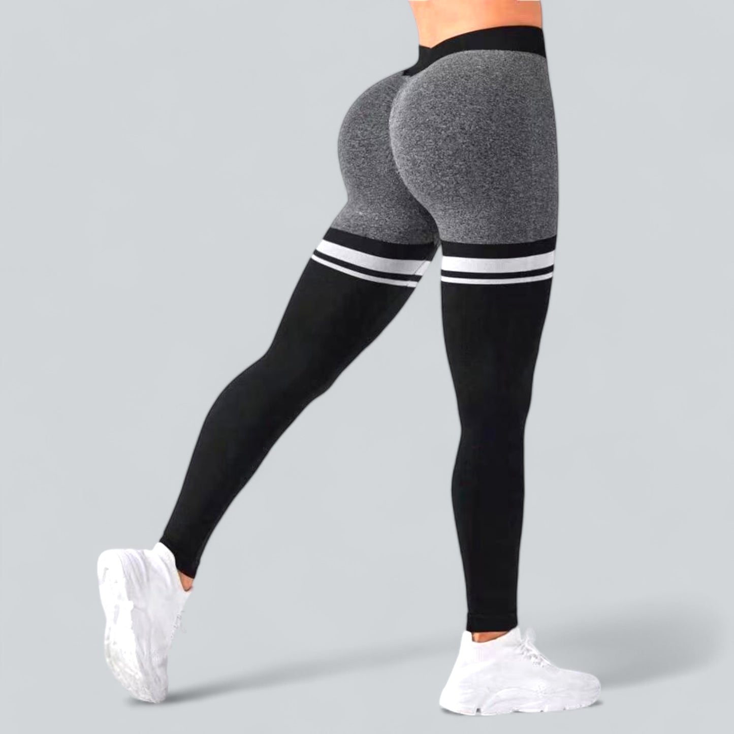 Seamless V-Waist Striped Ruched Sports Leggings, Scrunch Butt Lifting Yoga Pants with Tummy Control Compression Gym Tights for Outdoor Fitness