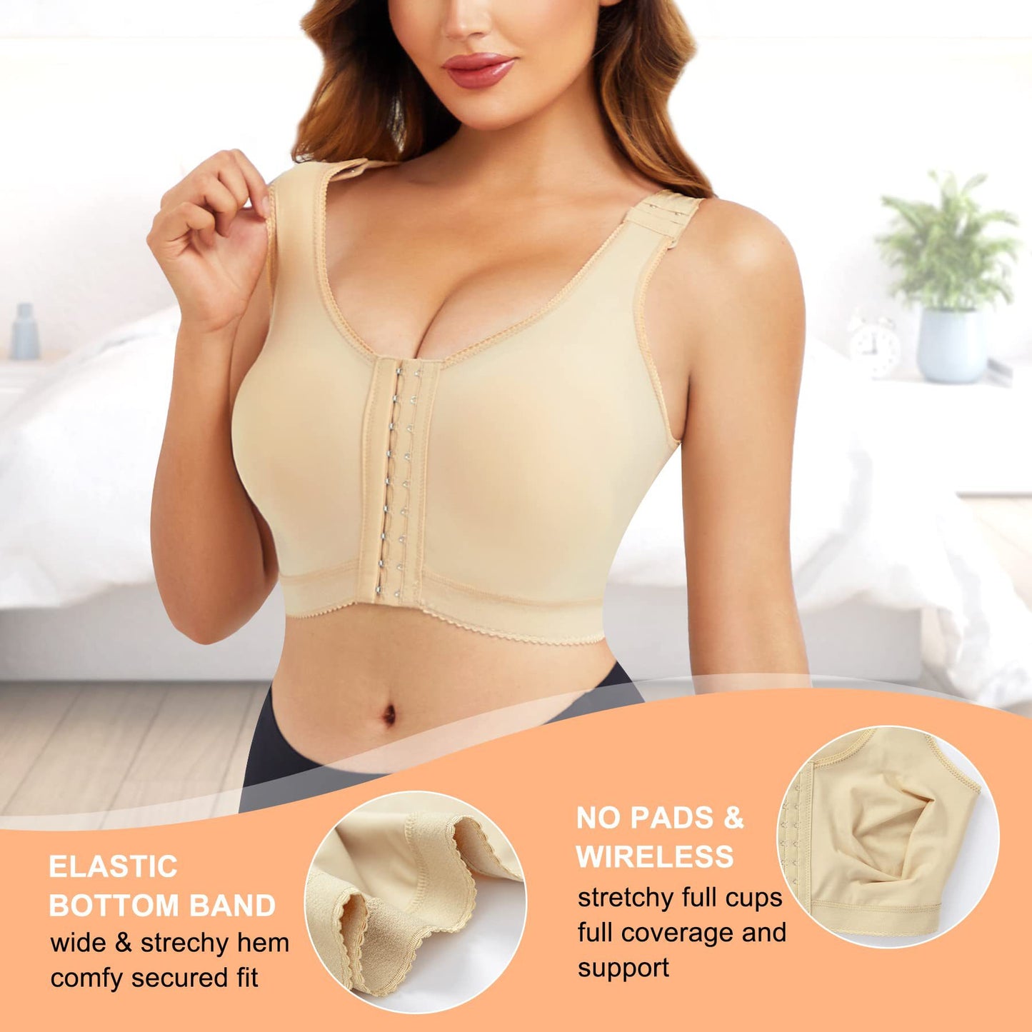 Post Surgery Bra, Front ClosureCompression Bra for BreastAugmentation, Wirefree Shapewearwith Adjustable Straps