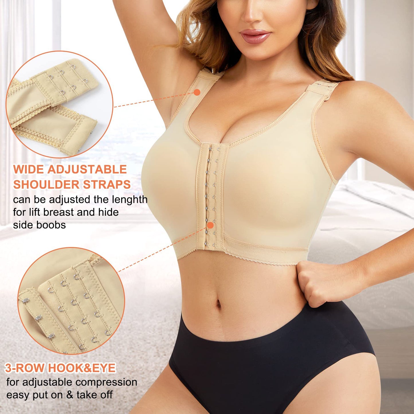 Post Surgery Bra, Front ClosureCompression Bra for BreastAugmentation, Wirefree Shapewearwith Adjustable Straps