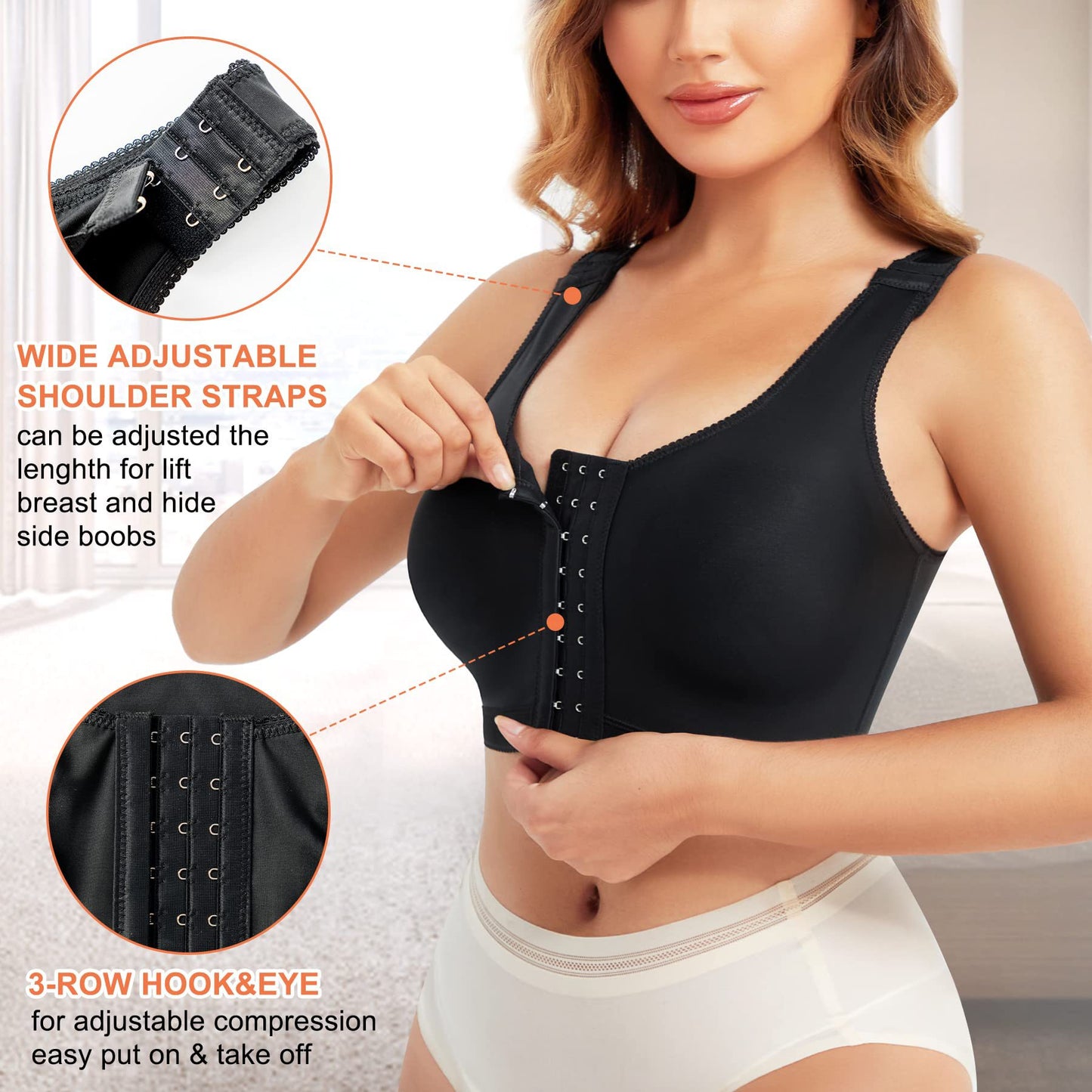 Post Surgery Bra, Front ClosureCompression Bra for BreastAugmentation, Wirefree Shapewearwith Adjustable Straps