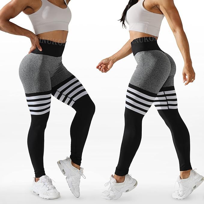 Seamless V-Waist Striped Ruched Sports Leggings, Scrunch Butt Lifting Yoga Pants with Tummy Control Compression Gym Tights for Outdoor Fitness