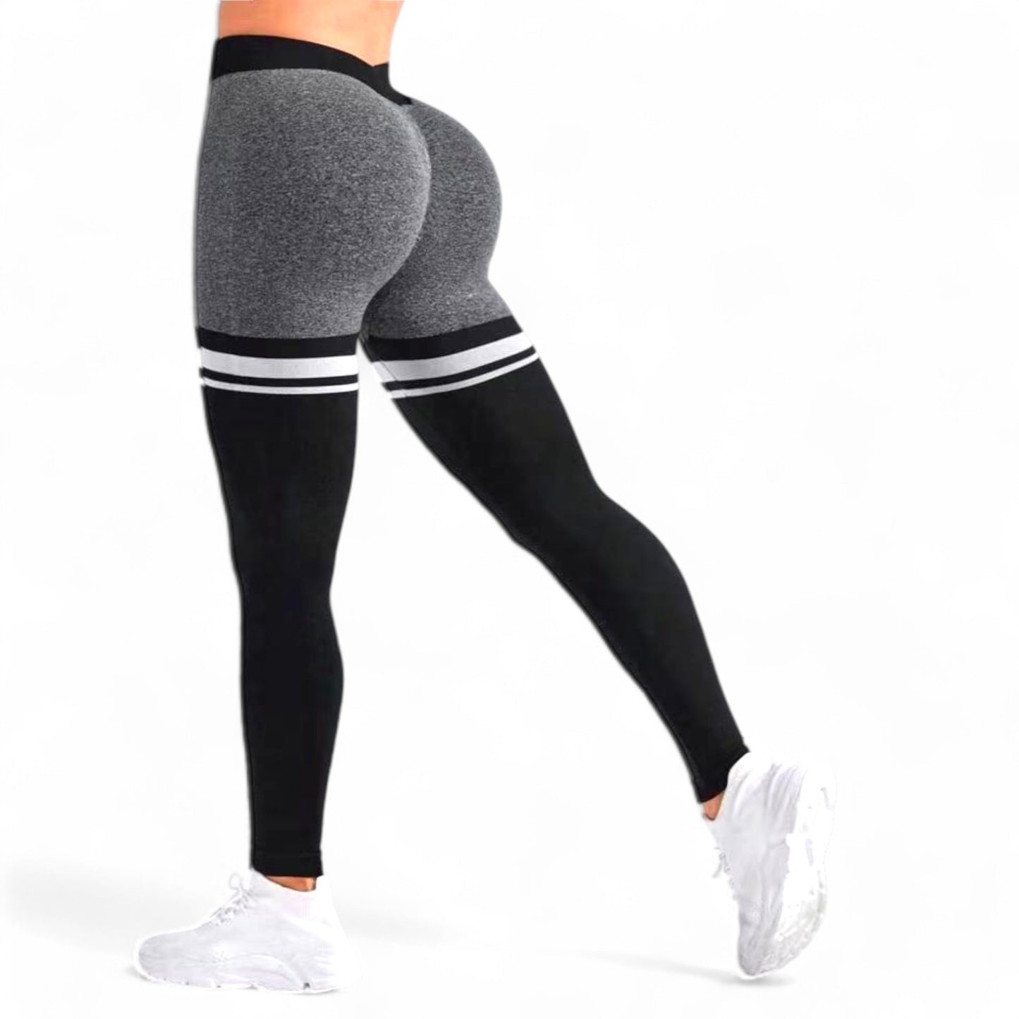 Seamless V-Waist Striped Ruched Sports Leggings, Scrunch Butt Lifting Yoga Pants with Tummy Control Compression Gym Tights for Outdoor Fitness