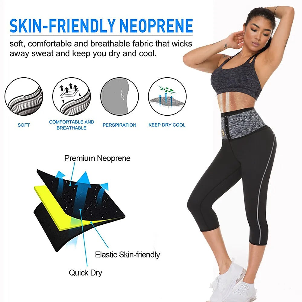 FitnFem Sauna Legging Pants Waist Trainer Body Shaper with Hook, Workout Gym Exercise Tummy Control Butt Lift Shorts, Neoprene Compression Fabric for Women