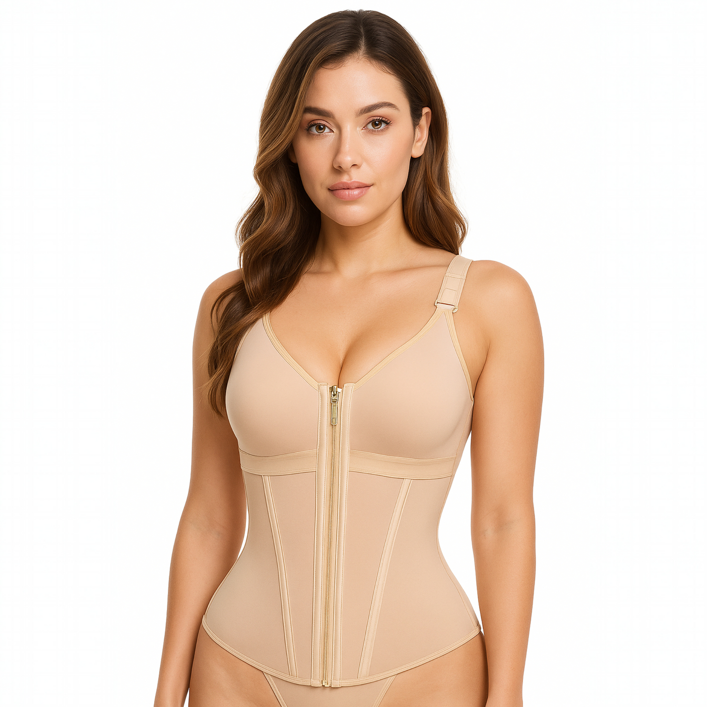 FitnFem Waist Shapewear for Women with Adjustable Bra Tummy Control Top Soft Beige V-Neck for Workout & Daily Wear
