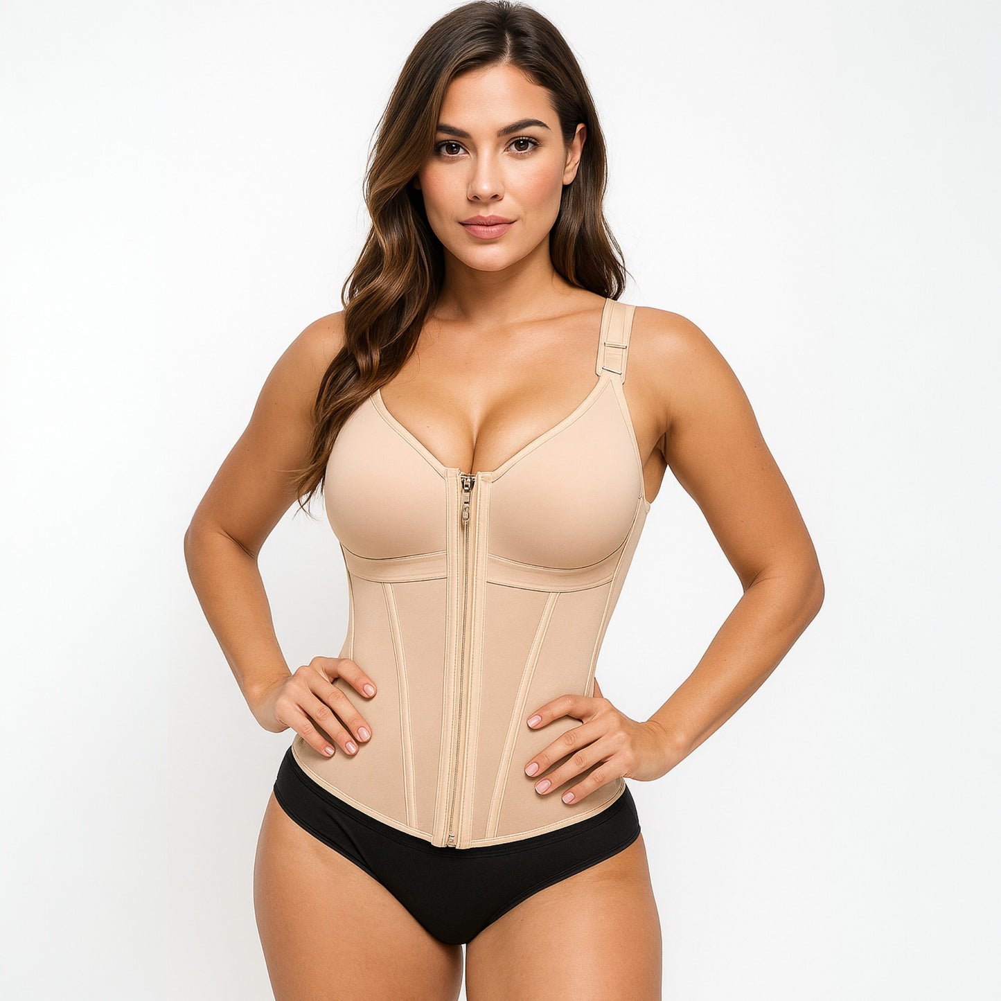 FitnFem Waist Shapewear for Women with Adjustable Bra Tummy Control Top Soft Beige V-Neck for Workout & Daily Wear