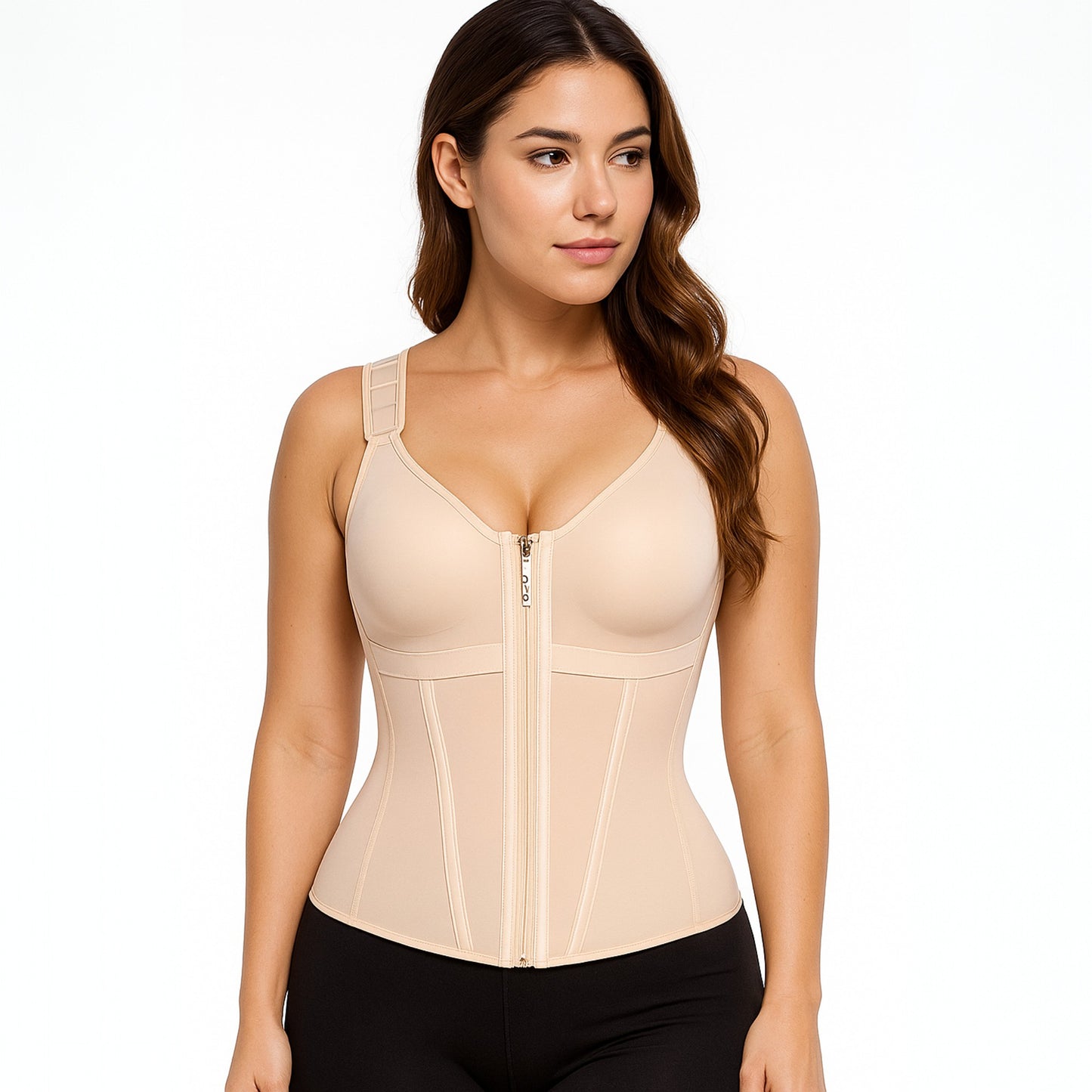 FitnFem Waist Shapewear for Women with Adjustable Bra Tummy Control Top Soft Beige V-Neck for Workout & Daily Wear