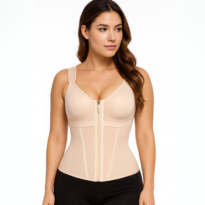 FitnFem Waist Shapewear for Women with Adjustable Bra Tummy Control Top Soft Beige V-Neck for Workout & Daily Wear