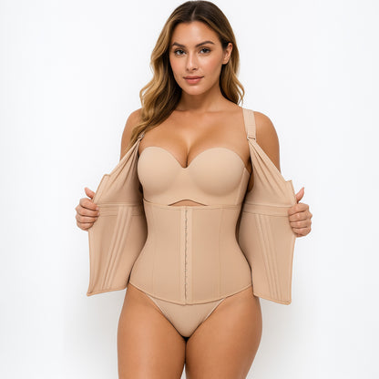 FitnFem Waist Shapewear for Women with Adjustable Bra Tummy Control Top Soft Beige V-Neck for Workout & Daily Wear