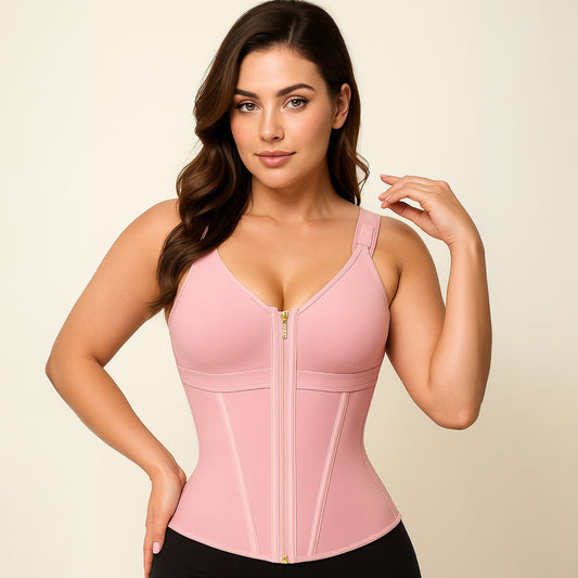 FitnFem Waist Shapewear for Women with Adjustable Bra Tummy Control Top Soft Beige V-Neck for Workout & Daily Wear