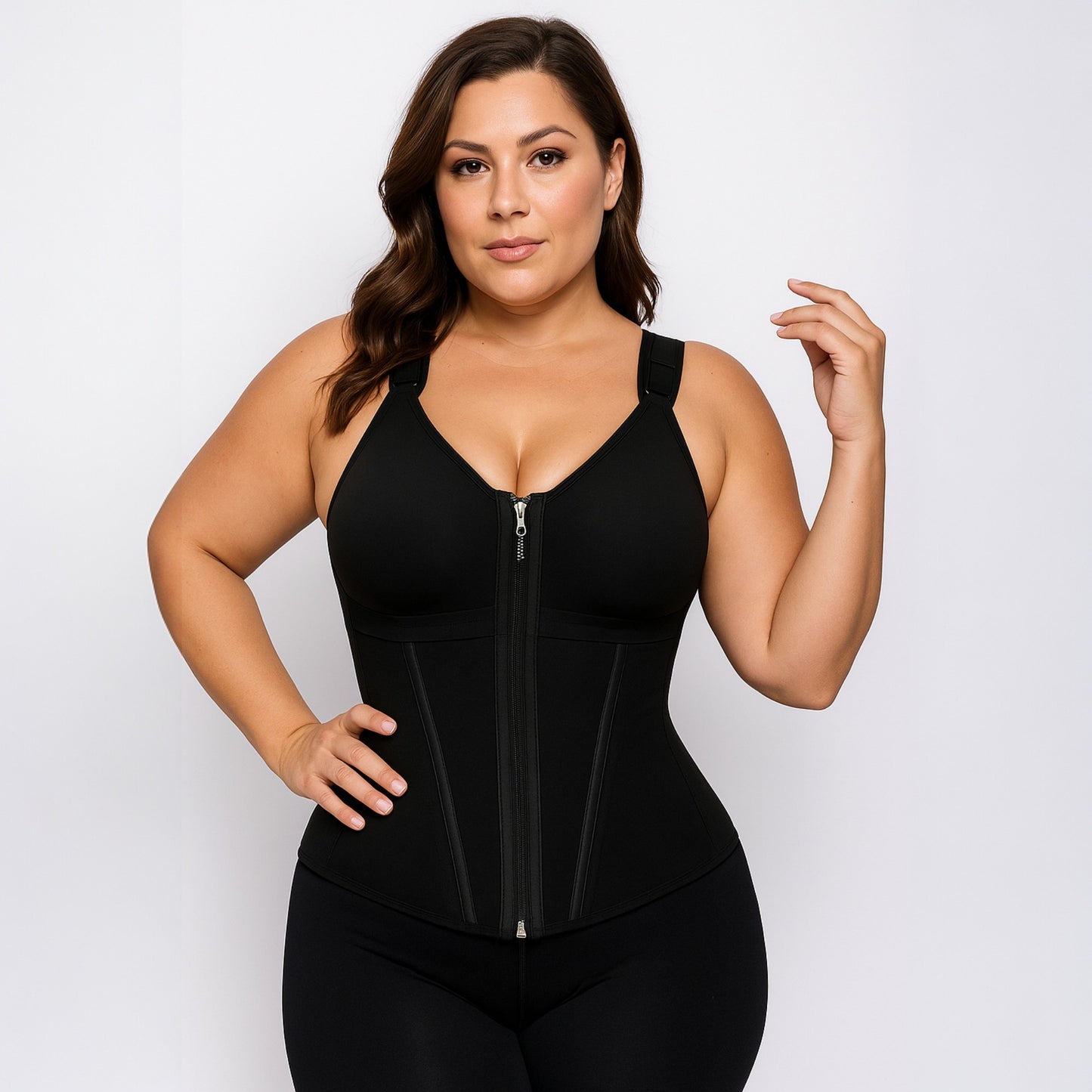 FitnFem Waist Shapewear for Women with Adjustable Bra Tummy Control Top Soft Beige V-Neck for Workout & Daily Wear
